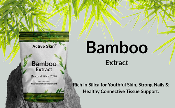 Bamboo extract supplement packaging with bamboo leaves on a light gray background