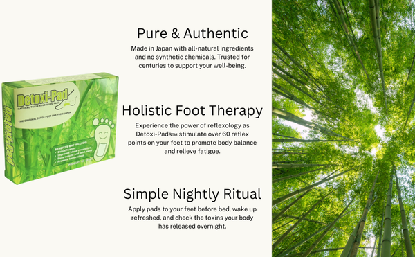 Holistic foot therapy product with green packaging on a white background, featuring text about detoxification and natural health benefits.