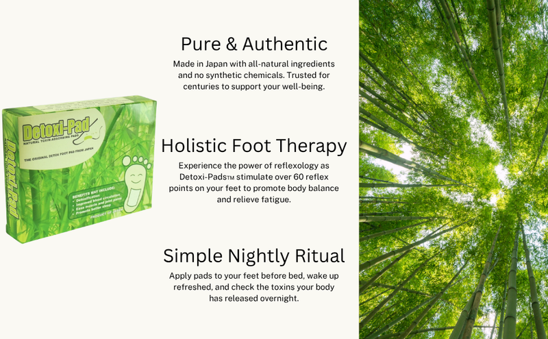 Holistic foot therapy product with green packaging on a white background, featuring text about detoxification and natural health benefits.