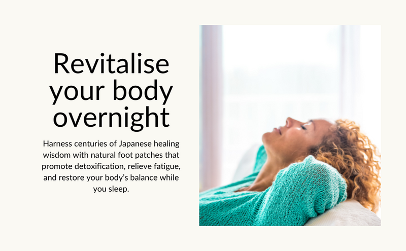 Person lying down with text promoting Japanese healing foot patches